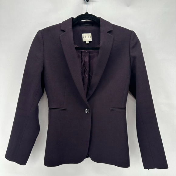 REISS Camila Woven Blazer Womens 2 Purple Single Breast Zip Sleeve Preppy Office - Picture 1 of 10